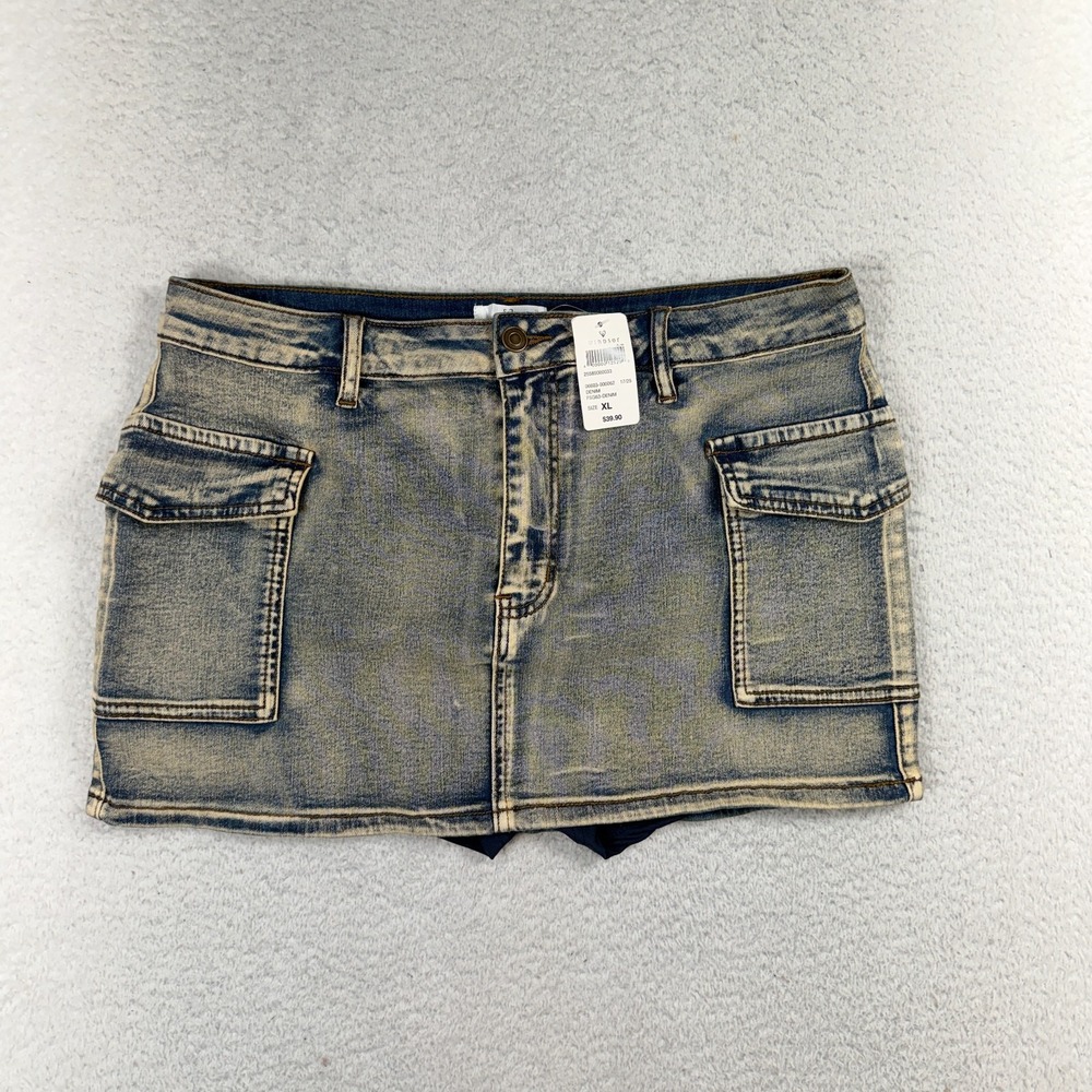 Windsor Grey Blue Wash Denim Skirt XL W33 New Built In Shorts Stretch Cargo